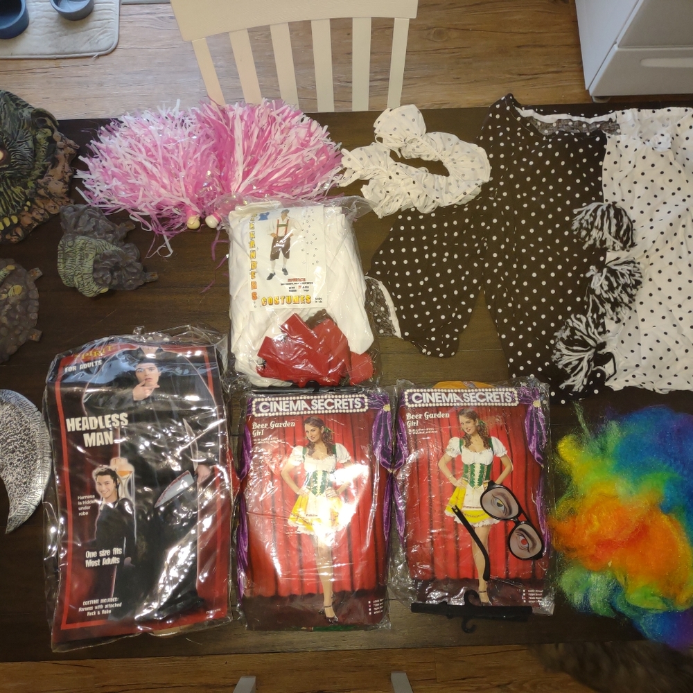 Lot of Halloween costumes and decorations